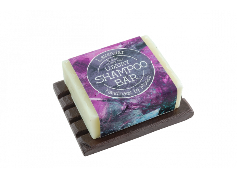 lavender shampoo bar with slate soap dish