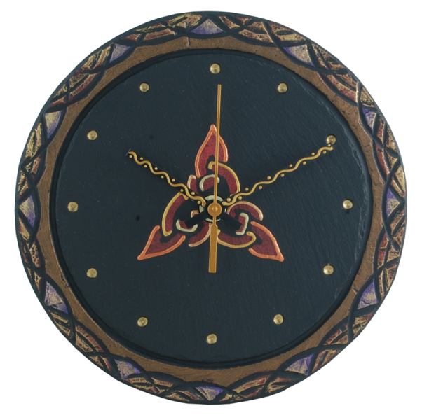 round slate clock with celtic trinity black inside